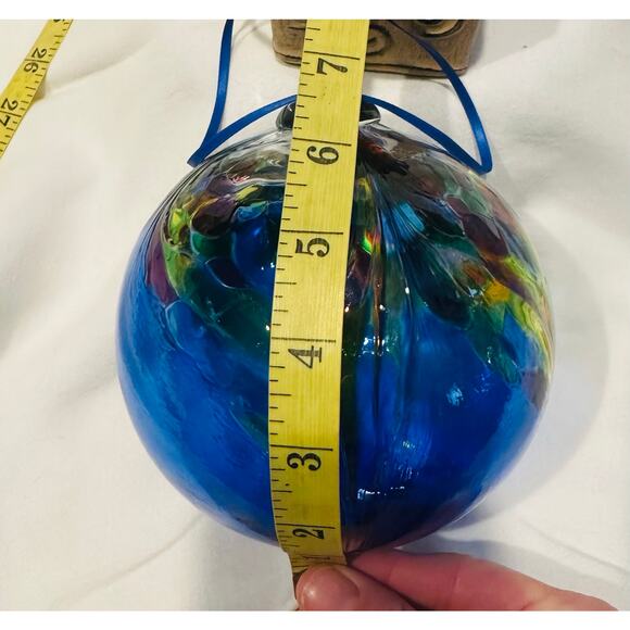 Glass Art Studio Hand Blown  Blue, Yellow, Purple, Green Ornament Size 7”x7” - Picture 8 of 10